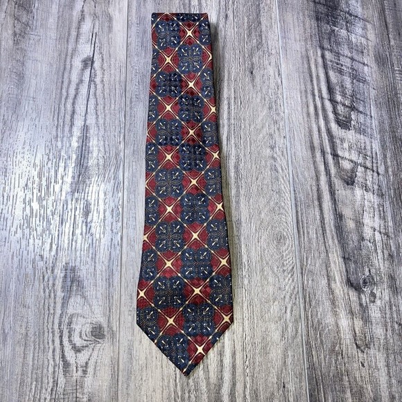 Bill Robin Son Tie Blue, Red, Ivory And Mustard Pattern Silk Necktie 55 x 3.75 - Picture 2 of 6